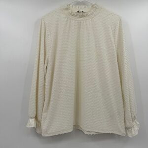 J Crew Top Women XL White Long Bishop Sleeves Ruffle Neck Fuzzy Polka Dot